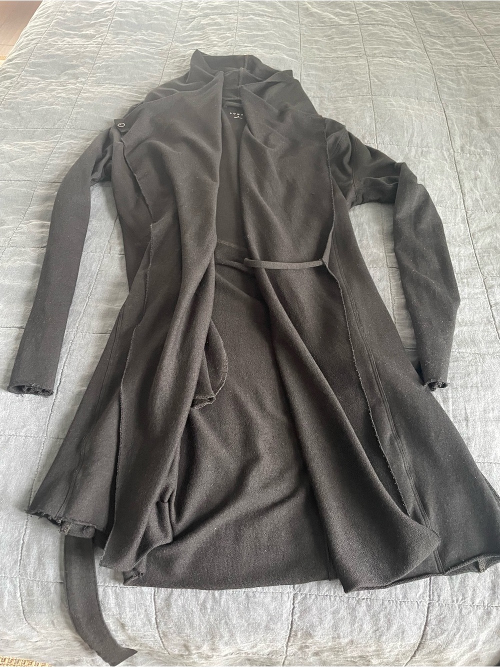 lunya the Short Robe, Black Long-Sleeve with Self-Tie, size M
